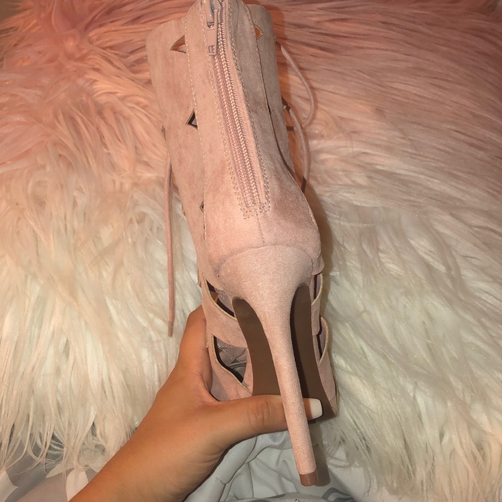 Pink Suede High Heel Peep Toe Bootie - Picture 2 of 4